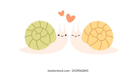 Cute snail couple. Spring characters. Animal in love. Spring time. Vector illustration in flat style