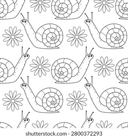 Cute snail and daisy flower seamless pattern, vector snail outline background for kids coloring wallpaper.