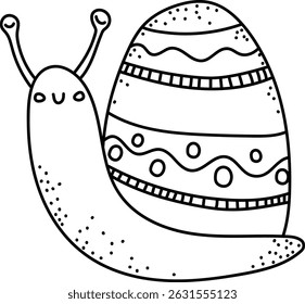 Um caracol bonito é retratado com uma casca de ovo estampada. Este molusco encantador carrega uma concha decorada, perfeita para celebrações de primavera. Ilustração de vetor de desenhos animados