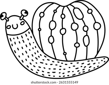 A cute snail is drawn with a simple line art style and dotted textures.  This gastropod features a patterned shell and tiny eyes, expressing happiness. Cartoon vector illustration