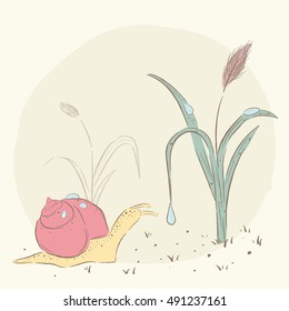 Cute snail and drop. snail , autumn. baby illustration. Shirt design. Simple doodle sketch of a snail. Snail with emotions. Cartoon style. Collection of snails in nature in autumn.