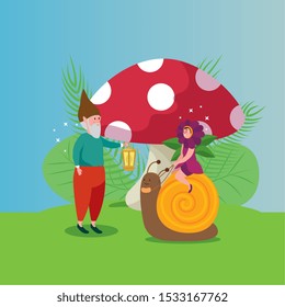 cute snail with dwarf in scene fairytale vector illustration design