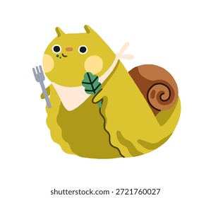 Caracol lindo comiendo hoja. Divertido bebé feliz gasterópodo sosteniendo bocadillo verde, comida saludable. Adorable kawaii baboso caprichoso, babosa de jardín. Ilustración vectorial plana aislada sobre fondo blanco