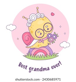 Cute snail elderly lady granny with flowers on rainbow. Happy insect character old woman with gray-haired hairstyle. Vector illustration. Holiday greeting card for your dear beloved grandmother 