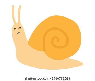 Caracol lindo en diseño plano. Adorable babosa lenta feliz con concha naranja. Ilustración vectorial aislada.