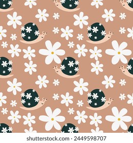 Cute snail and Flower vector ilustration seamless patern.Pink background.Great for textile,fabric,wrapping paper,and any print