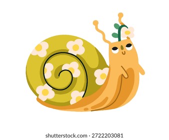 Caracol lindo con flores en la cáscara. Feliz y divertido gasterópodo kawaii sonriendo. Animal de jardín de primavera extravagante caprichoso. Adorable baboso bebé, babosa. Ilustración vectorial plana aislada sobre fondo blanco