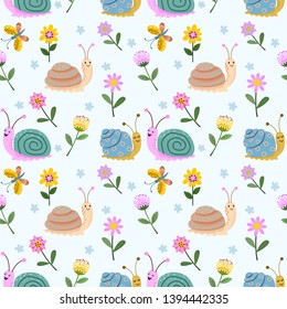 Cute snail and flowers seamless pattern.