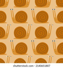 Cute snail with funny eyes hand drawn vector illustration. Adorable baby character seamless pattern.