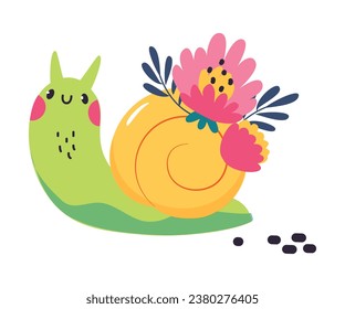 Cute Snail Gardener Carry Flowers on Its Shell Vector Illustration