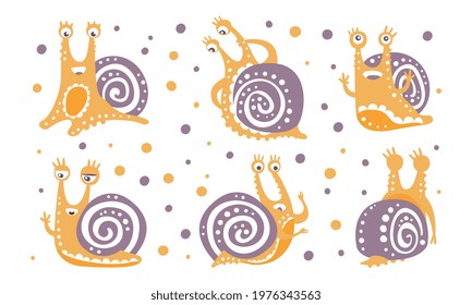 Cute Snail as Gastropod with Purple Coiled Shell Vector Set