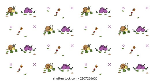 Cute snail and grapes seamless pattern. Creative kids texture with funny animals for apparel, textile, fabric, wrapping, wallpaper. Vector