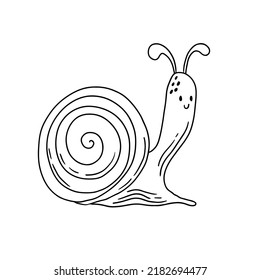 Cute snail in hand drawn doodle style. Vector illustration isolated on white background.