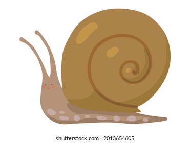 Cute snail. Hand drawn vector illustration. Colored cartoon doodle of autumn forest wild animal. Single gastropod drawing isolated on white. Element for childish design, print, sticker, card, decor.