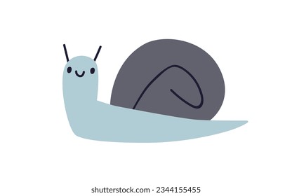 Cute snail, happy slow animal in Scandinavian style. Funny comic adorable slug with smiling kawaii face. Scandi nordic baby childish flat vector illustration isolated on white background