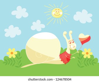 Cute snail with heart balloon. Vector illustration.