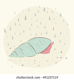 Cute snail hiding in the sink in the rain. snail , autumn. baby illustration. Shirt design. Simple doodle sketch of a snail. Snail with emotions. Cartoon. Collection of snails in nature in autumn.
