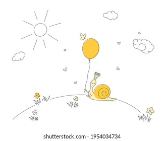 Cute snail hold yellow balloon and smile. Summer and spring doodle illustration.