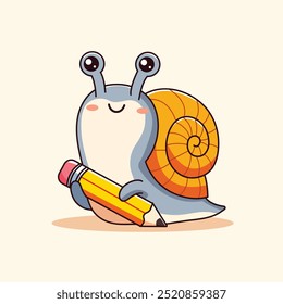 Cute Snail Holding Pencil Cartoon Vector Icon Illustration. Animal Education Icon Concept Isolated Vector. Flat Cartoon Style