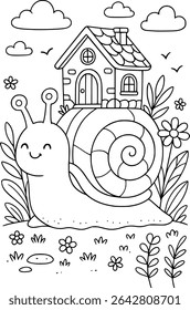 Cute Snail with House Shell Coloring Page in Garden Scene