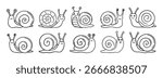 cute snail icon doodle hand drawn set. Outline happy snail character with smile line drawing clipart symbol collection. Vector illustration