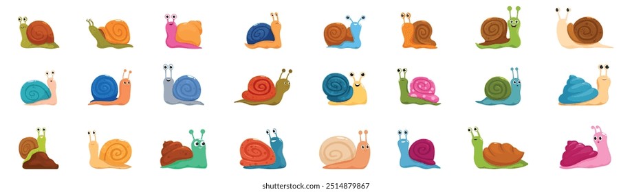 Cute snail icons set. Set of funny snails with colorful shells crawling and smiling, cute cartoon characters vector illustrations isolated on a white background