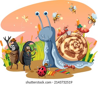 Cute snail and insects in cartoon style illustration