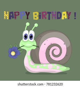 Cute snail isolated on white background. Cartoon vector illustration for your design. Postcard to the day of birth.