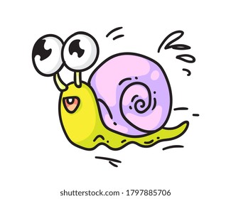 Cute snail. Isolated cute smiling snail cartoon character with shell icon. Doodle animal sliding. Vector fun, humor and nature concept illustration