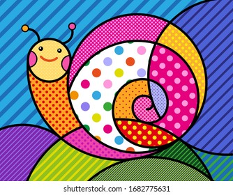 CUTE SNAIL in kids drawing  style Modern colourful pop art graphic element for your design. Vector artistic illustration in pop-art comic style.