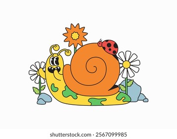 Cute snail with a ladybug cartoon character and flowers in nature with blank background hand drawn illustration