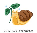 Cute snail with leaf branch umbrella in rain. Funny garden gastropod under leaves, rainy weather protection. Whimsical adorable slime, slug. Kids flat vector illustration isolated on white background