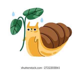 Caracol lindo con el paraguas de la rama de la hoja en la lluvia. Divertido gasterópodo de jardín bajo las hojas, protección de Clima lluvioso. Baba adorable caprichosa, babosa. Ilustración vectorial plana de los niños aislada en el fondo blanco
