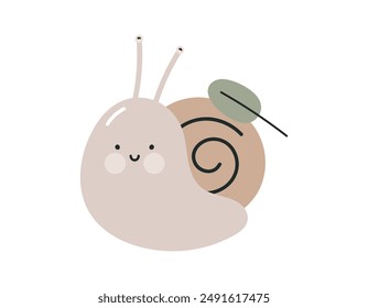 Cute snail with leaf. Flat cartoon vector illustration isolated on white background. For card, posters, banners, printing on the pack, printing on clothes, fabric, wallpaper, textile or dishes.