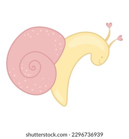 Cute snail in love. Pink and yellow colors. Simple illustration in kawaii style. Design element for prints and stickers. Clipart for Valentine's Day
