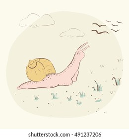 Cute snail and migratory birds. snail , autumn. baby illustration. Shirt design. Simple doodle sketch of a snail. Snail with emotions. Cartoon style. Collection of snails in nature in autumn.