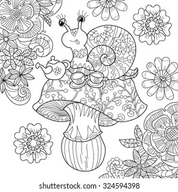Cute snail and mushroom vector illustration doodle hand drawn.