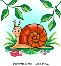 Cute snail on the green grass.