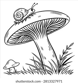Cute Snail on Mushroom Coloring Page Black and White Vector Illustration