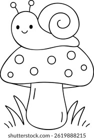 Um caracol bonito no cogumelo, rodeado de grama, perfeito para colorir diversão