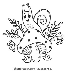 Cute snail on mushroom toadstool. Linear hand drawn doodle. Vector illustration. Funny forest mollusk - character of little snail on fly agaric and leaves and berries