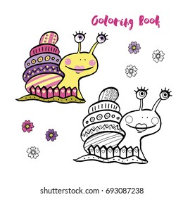 Cute snail on white background. Funny vector illustration of animal in cartoon style, linear drawing. Black and white, colorful images, be used for coloring book.
