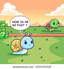 Cute Snail Race With Turtle Cartoon Vector Icon Illustration. Animal Nature Icon Concept Isolated Premium Vector. Flat Cartoon Style