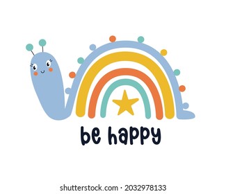 Cute snail with rainbow vector illustration for a t-shirt design with slogan. Vector illustration design for fashion fabrics, textile graphics, prints.