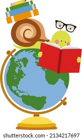 Libro de lectura de caracol en la cima del globo
