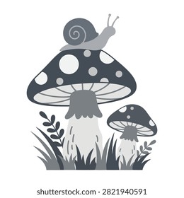 A cute snail rests on a large spotted mushroom in a grassy setting. Perfect for nature themes, gardening, wildlife, and organic design projects.