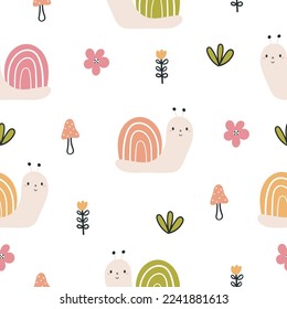 Cute snail seamless pattern. Funny hand drawn baby print. Forest design with snail, flowers, mushrooms. Cartoon kids background in Scandinavian style. Nursery print. 