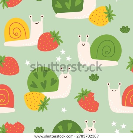 Cute snail seamless pattern with strawberries and smiling garden snails. Funny nature background for kids fabric, nursery decor, wrapping paper and textile. Vector illustration.