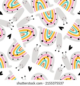 Cute snail. Seamless pattern with a snail. Vector children's illustration for interior decoration, designing children's clothes, applying to fabric, paper.