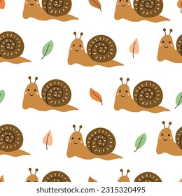 Cute snail. Seamless pattern with a snail. Vector children's illustration for interior decoration, designing children's clothes, applying to fabric, paper.